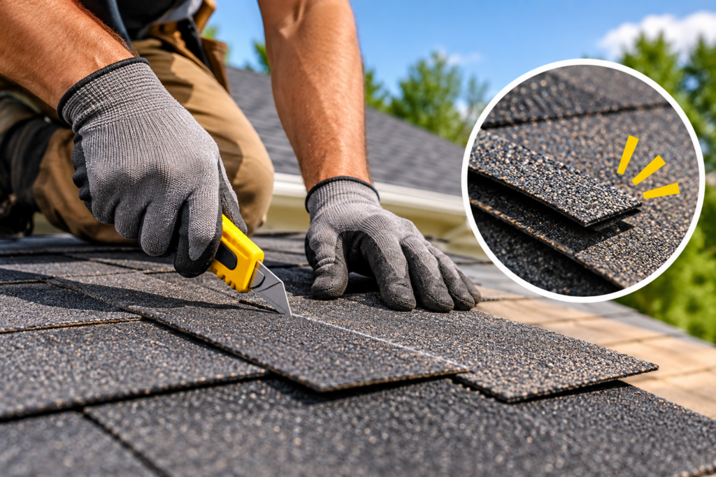 Cutting Asphalt Shingles on a Rooftop
